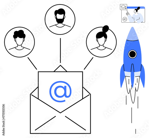 Email with symbol connected to three profile avatars and a blue rocket. Small screen of user composing email. Ideal for teamwork, marketing, communication, startup, collaboration, analytics, growth