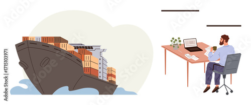 Cargo ship in motion carrying freight containers across the sea while a man sits at a desk, working remotely on his laptop. Ideal for logistics, trade, entrepreneurship, shipping, remote work
