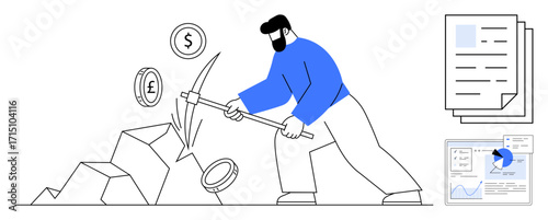 Person extracting coins marked with dollar and pound signs using a pickaxe, next to rocks, documents, and analytics charts. Ideal for finance, mining, analytics, economy, investment wealth creation