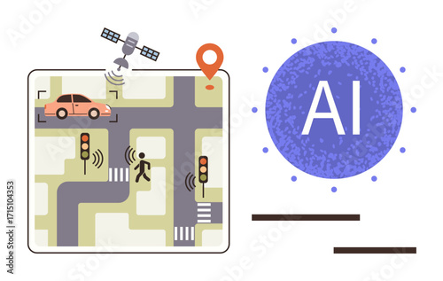 Smart traffic system featuring AI, satellite, vehicle, pedestrian, road maps, sensors, and lights. Ideal for technology, transportation AI innovation safety urban design mobility simple flat
