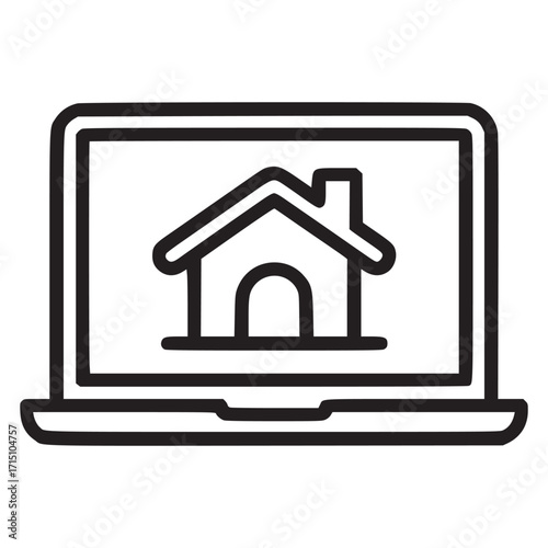 Illustration of a laptop displaying a house icon, represents online real estate, property search, home buying, and virtual tours in a simple line art style