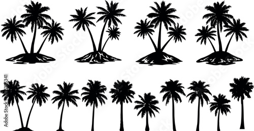 Tropical palm tree silhouettes set on island and beach scenes, black vector icons for summer, travel, nature, and landscape design