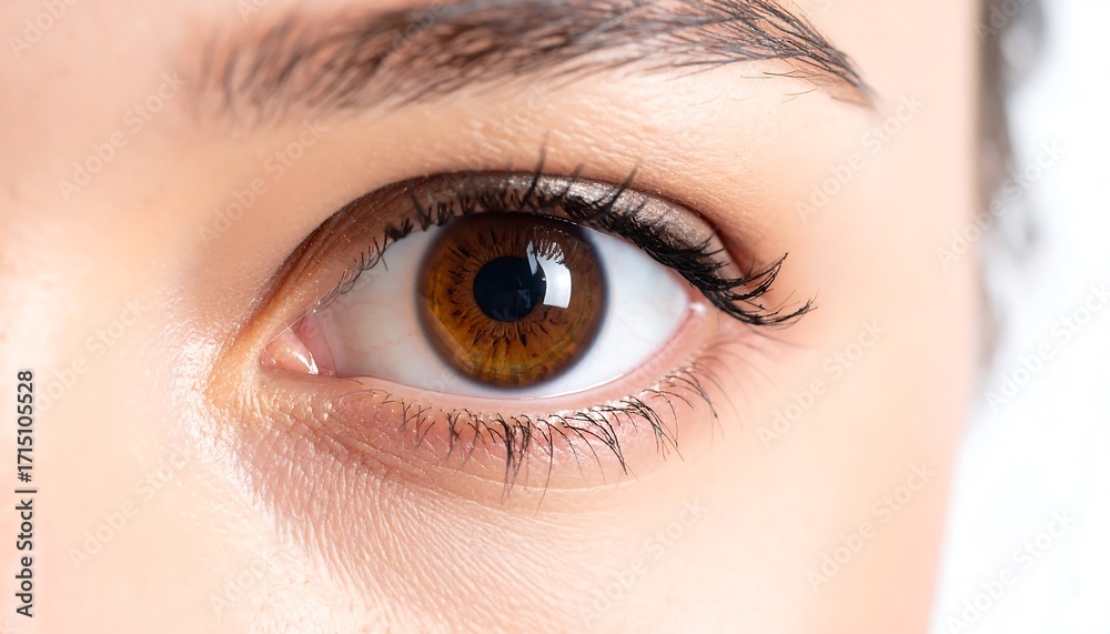 Obraz premium Close-up of a woman's eye, highlighting the rich brown iris and delicate eyelashes against smooth skin.