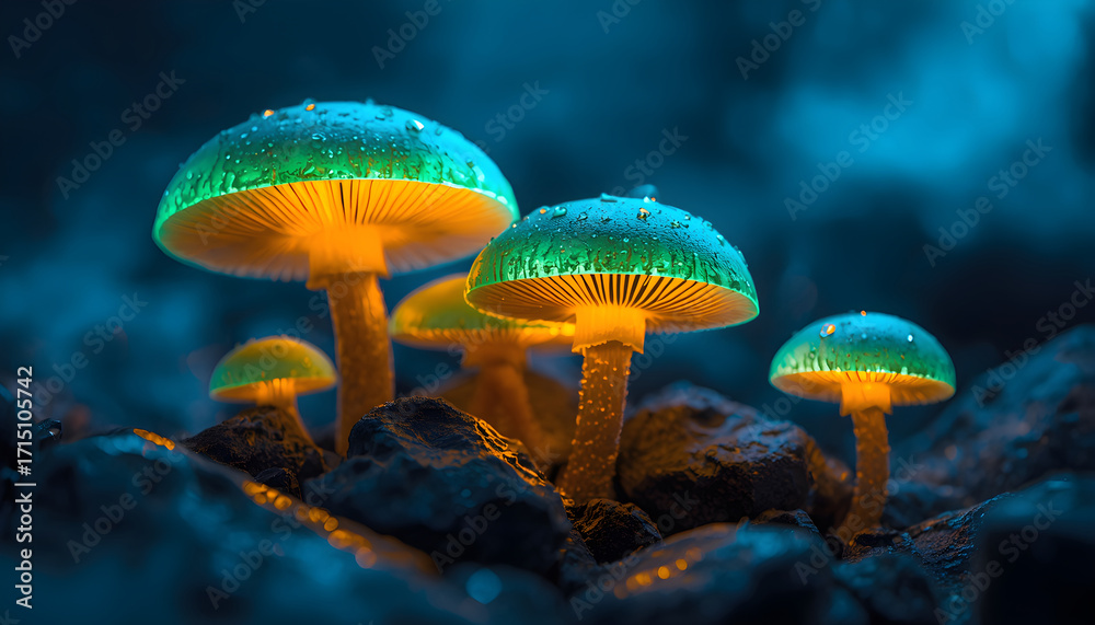 Fototapeta premium Glowing mushrooms with shiny green caps, bright orange stems, and yellow edges on dark rock with soft blue bokeh in magical futuristic atmosphere for clean fantasy visuals