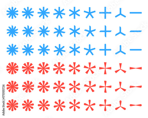 Abstract geometric shapes in form of snowflakes and stars with rays rotating around center in increments of 2, 3, 4, 5, 6, 7, 8, 9, 10. Vector illustration of simple elements of various shapes.