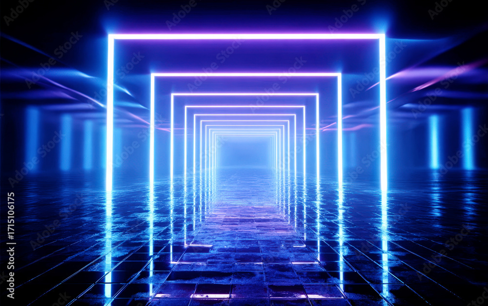 Naklejka premium Futuristic neon light tunnel with glowing rectangular frames