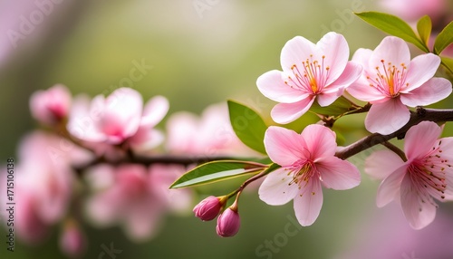 A Delicate Branch Of Pink Flowers With Green Leaves Against A Soft Blurred Background