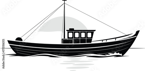 Fishing boat silhouette on water, vector illustration with cabin and mast, sea transport concept, maritime design, isolated on white background