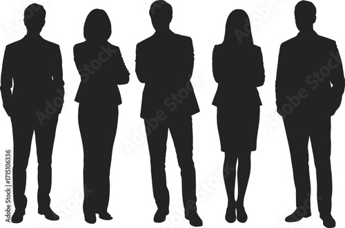 Group of Business People Silhouettes, Men and Women Standing in Professional Attire, Diverse Team Vector Collection