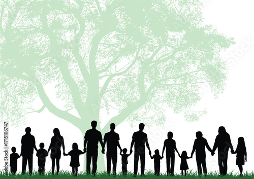 Large Family Group Silhouettes Holding Hands, Generations Standing Together Under a Green Tree, Community Vector Illustration