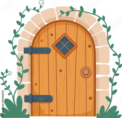 Old rustic wooden door in a stone archway with climbing vines, a whimsical illustration of a fairytale or fantasy entrance.