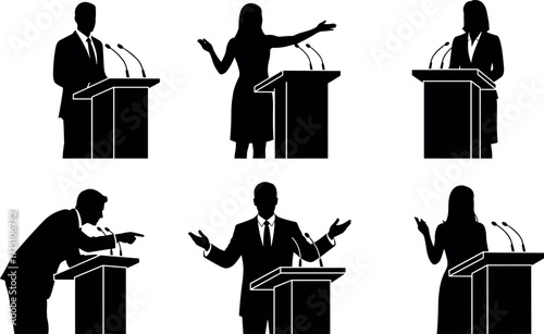 Silhouette speakers at podiums in debate or conference setting, public speaking illustration for political, business, or leadership presentation themes