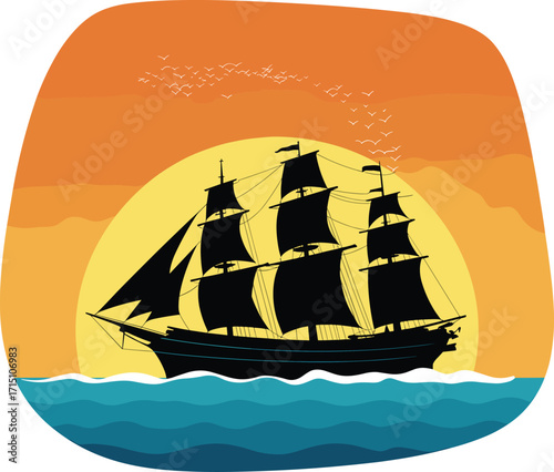 Vintage Sailing Ship at Sunset, Old Clipper on Ocean Waves with Birds, Nautical Adventure Vector Graphic Design