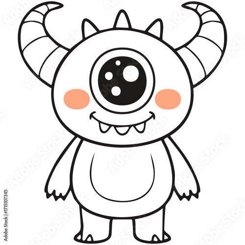Cute cartoon cyclops monster with big eye and horns, funny kawaii creature character illustration for kids, adorable fantasy alien design, coloring book style art