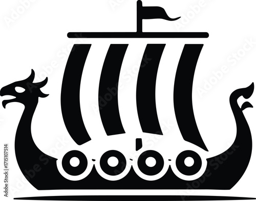 Viking Longship with Dragon Head Vector Illustration, Perfect for Historical, Adventure, and Nautical Designs, Representing Scandinavian and Norse Mythology