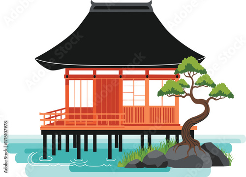 Traditional Japanese building, black curved roof, red wooden walls, water reflection, bonsai tree, peaceful nature, tranquil scene, cultural architecture, Zen garden, Asian heritage