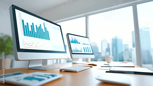 Real estate investment analysis workspace financial charts and market data on large monitors property portfolio spreadsheets architectural renderings of development projects