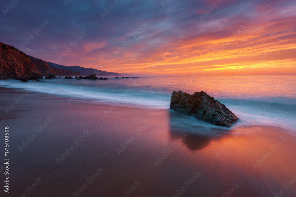 Obraz premium breathtaking sunset over ocean with solitary rock in foreground essence of tranquility