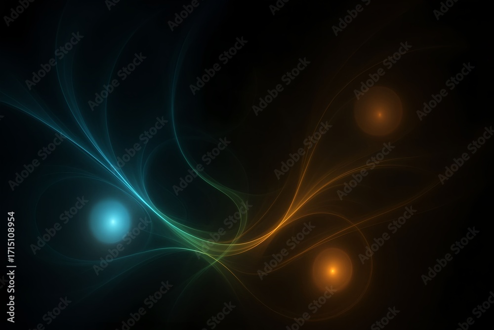 Obraz premium Abstract design featuring colorful wisps of light on a dark background with glowing orbs
