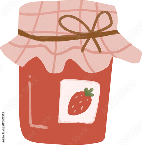 A jar of strawberry jam with a pink cloth on top