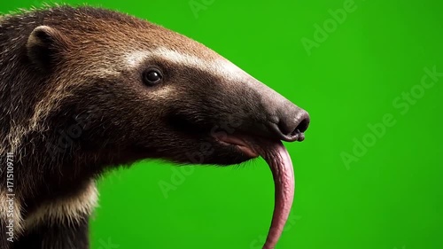 Close-up of a curious anteater with its long tongue extended against a vibrant green background