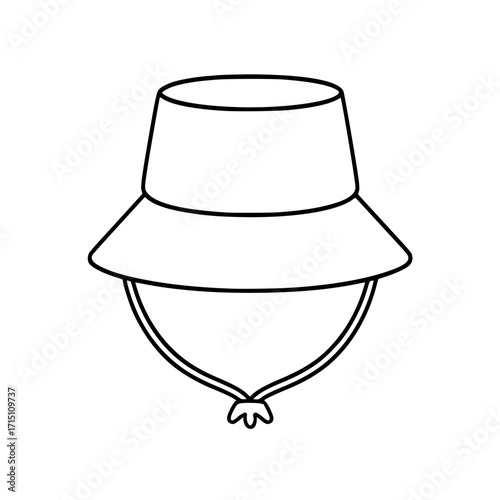 Line art drawing of a bucket hat with chin strap
