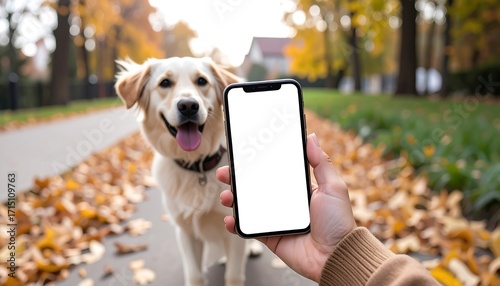 A golden retriever in an autumnal park scene with a blank phone screen