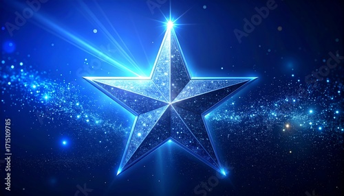 Dazzling, perfectly formed five-pointed star glowing with radiant blue light against a sparkling, futuristic cosmic background, symbolizing achievement and excellence