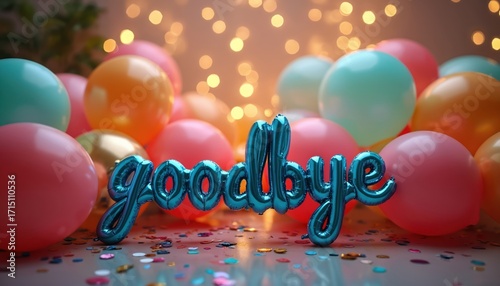Colorful balloons, shiny blue Goodbye balloon float at party, celebrating farewells, new beginnings. Confetti scatters across surface, adding to festive atmosphere. Scene captures joyful milestone,