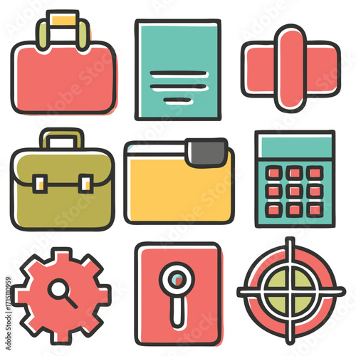 Collection of nine colorful flat design icons representing business and finance concepts such as briefcase calculator and target