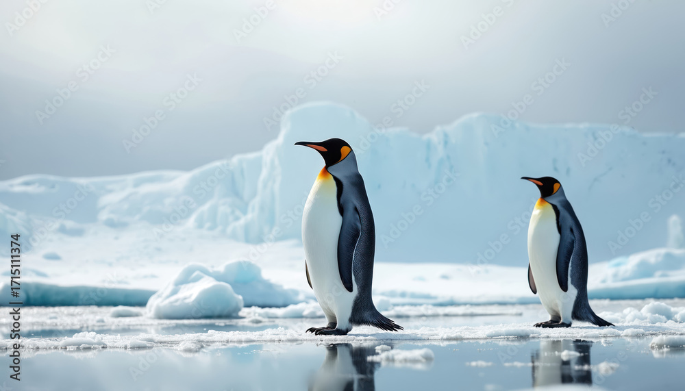 Obraz premium Majestic king penguin stands on icy terrain in the Antarctic. Serene winter landscape with snow and icebergs. Elegant bird in natural habitat, remote wilderness, cold weather survival.