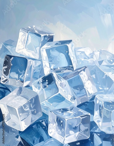 A close-up view of a pile of many ice cubes, showcasing their translucent quality and cool tones.