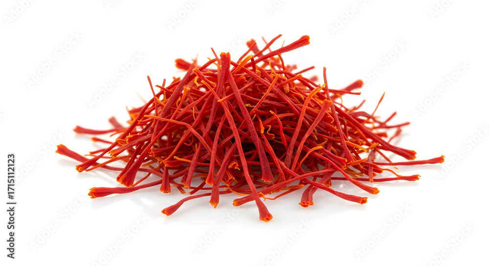 Naklejka premium Saffron threads isolated on white background, rare and luxurious spice with deep red color and floral aroma.