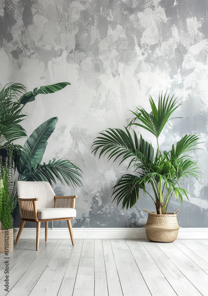 Fototapeta premium Tropical Palm Leaves Wallpaper on Textured Gray Background