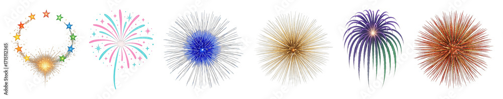 Fototapeta premium Fireworks set including different colorful bursts and explosions isolated. Celebration and festive event design elements.