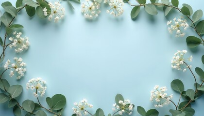 Elegant frame composed of delicate white flowers, green eucalyptus leaves on soft light blue background. Natural floral border offers serene, airy aesthetic, perfect for invitations, greeting cards,