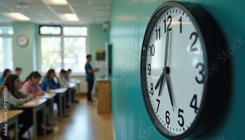 Classroom clock showing time running out during student exam. Students focus on test papers with instructor supervising. Image represents academic pressure, timed assessments, stress of final tests.