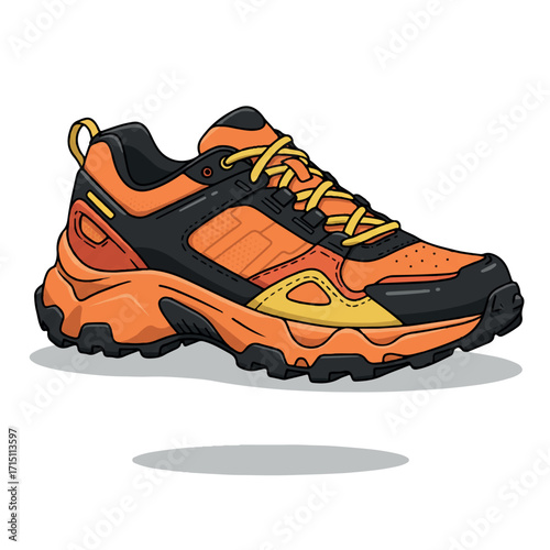 A detailed illustration of a rugged, orange and black athletic shoe with yellow laces, designed for outdoor activities.