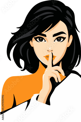 a stylized portrait of a woman with short black hair and a finger to her chin