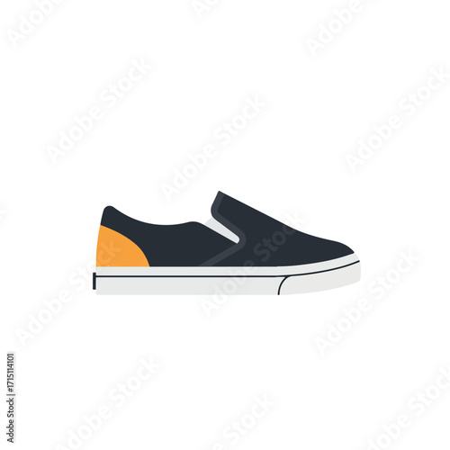 Illustration of a dark blue slip-on shoe with a white sole and orange heel detail.