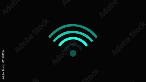 Wifi icon symbolizing internet access. Abstract animation of a glowing turquoise wifi signal with black background represents connectivity and wireless internet access, on black background. HD video 