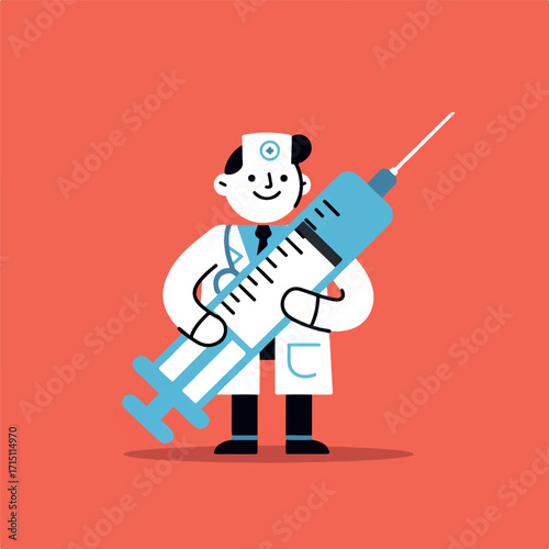 A friendly cartoon doctor in a white lab coat and stethoscope holds a giant syringe for an injection or vaccination.