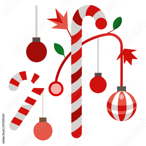 Festive Christmas Candy Cane Arrangement with Ornaments and Decorative Branches on a White Background