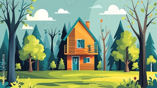 A vibrant cartoon house sits in a lush green forest