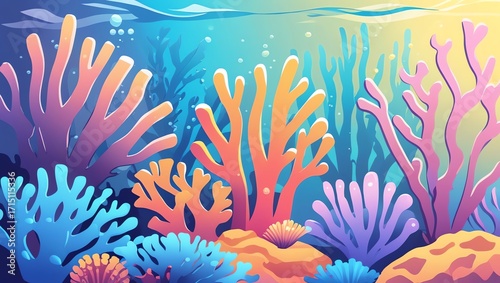 A vibrant colorful coral reef scene with diverse coral formations in blue pink and orange hues underwater