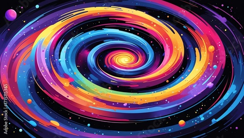 A vibrant colorful spiral galaxy with planets against a black background