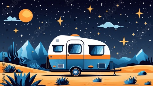 A vintage camper trailer sits under a starry desert night sky