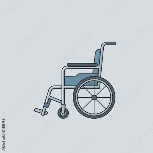 Illustration of a blue and gray wheelchair on a gray background.