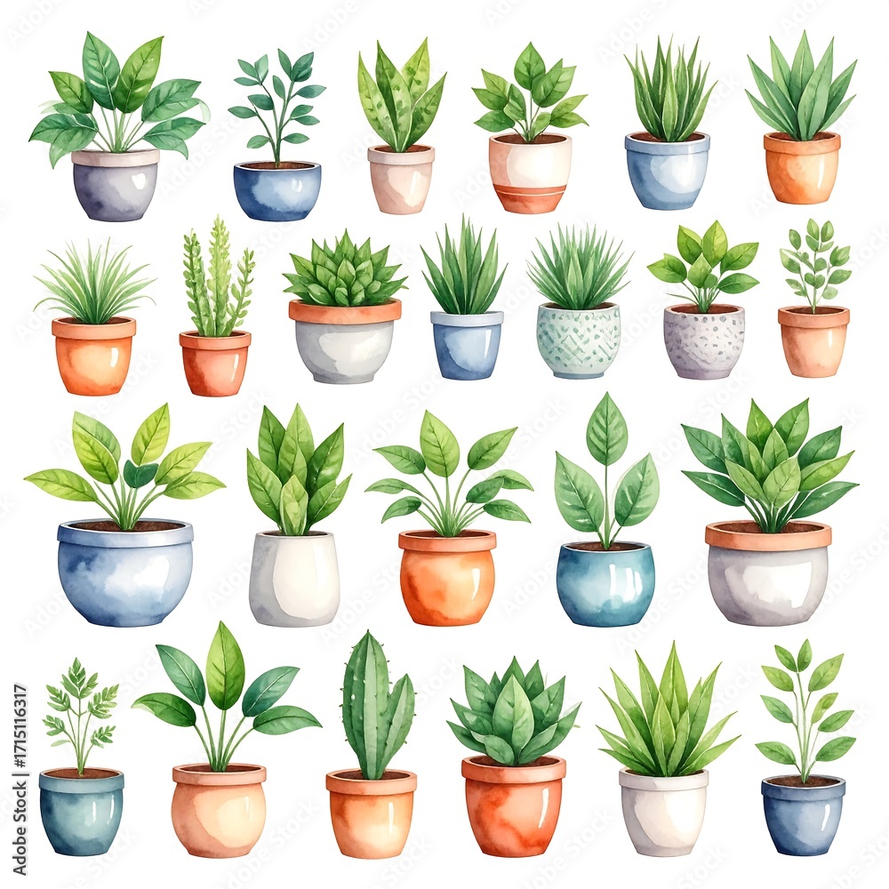 Fototapeta premium Watercolor potted plants