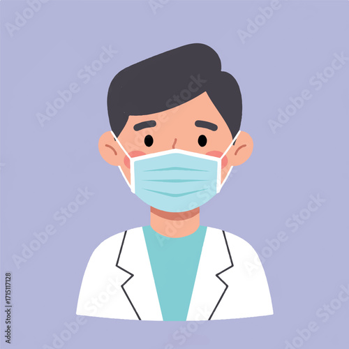 Cartoon illustration of a male doctor or healthcare worker wearing a medical face mask and a white lab coat, depicted against a plain light purple background.